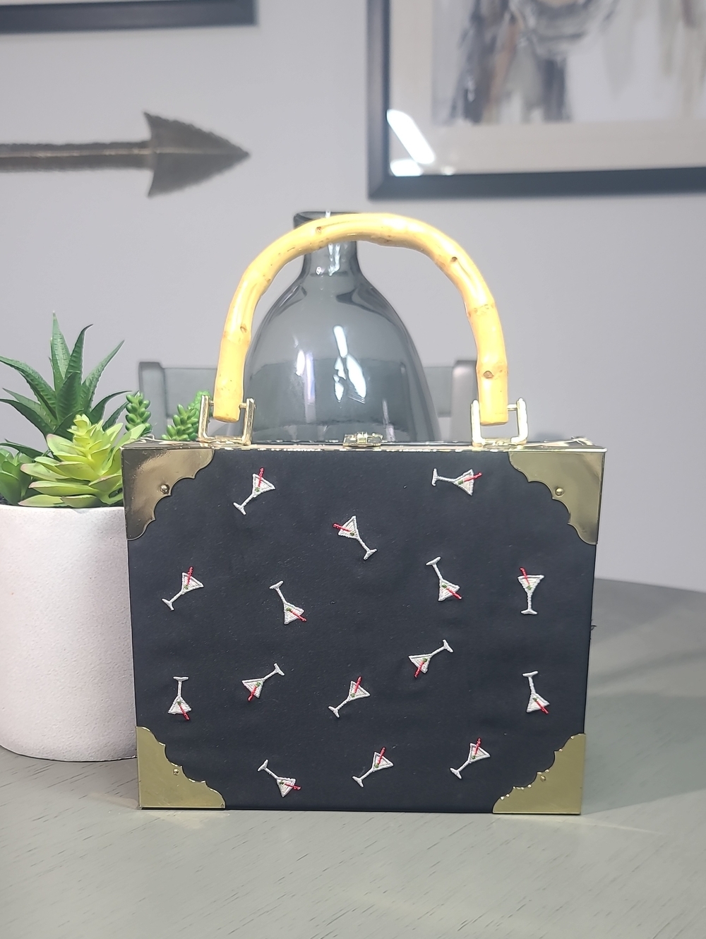 Handmade Cigar Box Black Cocktail Embellished Top-Handle Bag